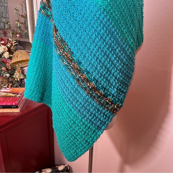 Hand Crafted Other - Hand Made Cottagecore Knit Turquoise Brown Small Throw
